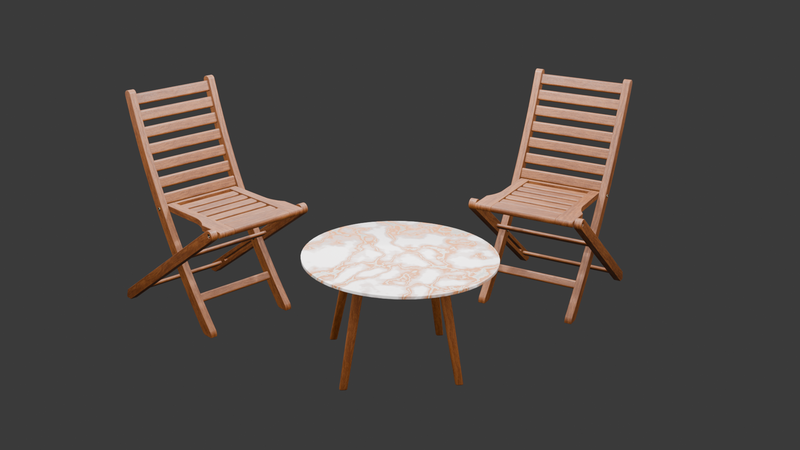 Round Marble Coffee Table with Two Wooden Folding Chairs