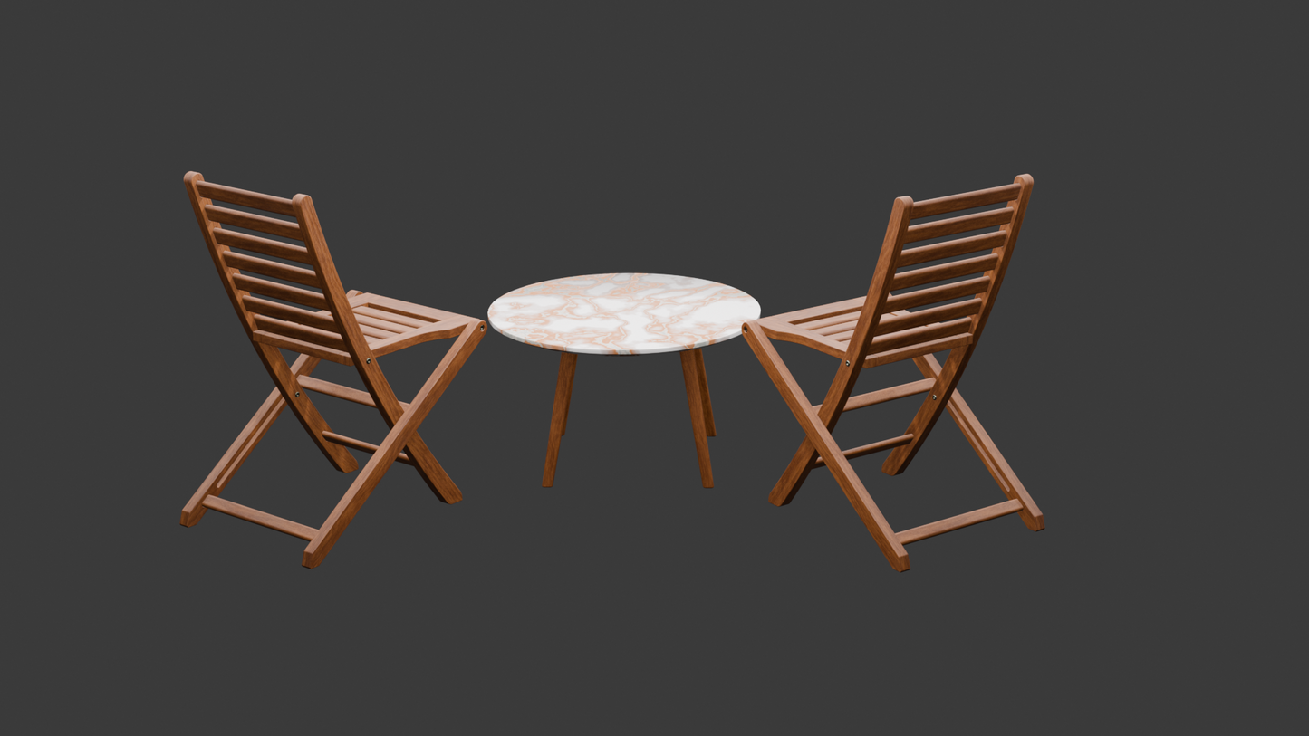 Round Marble Coffee Table with Two Wooden Folding Chairs