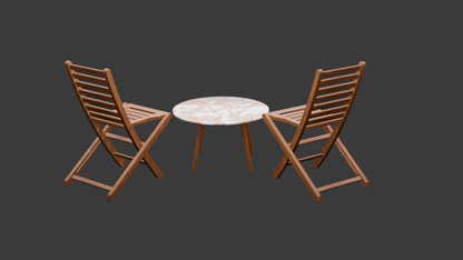Round Marble Coffee Table with Two Wooden Folding Chairs