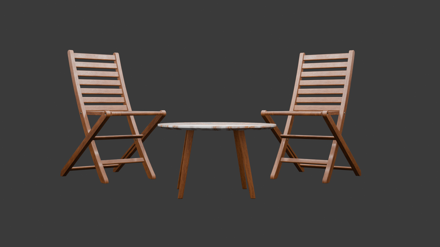 Round Marble Coffee Table with Two Wooden Folding Chairs
