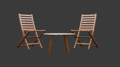 Round Marble Coffee Table with Two Wooden Folding Chairs