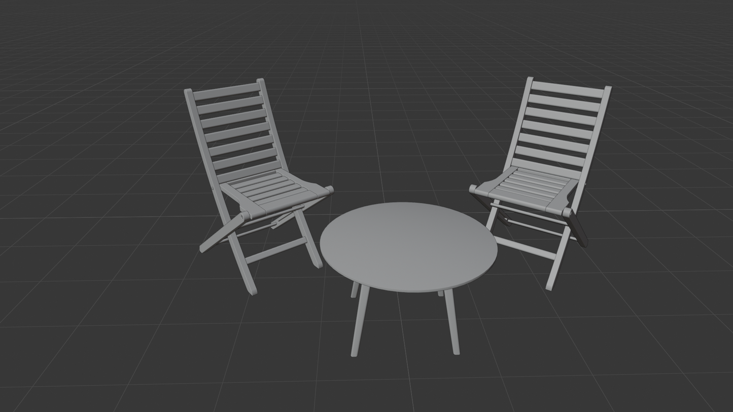 Round Marble Coffee Table with Two Wooden Folding Chairs